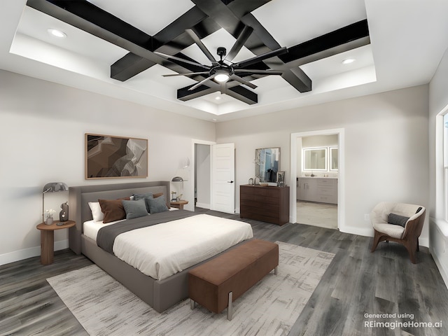 2610 S Ewing Ave, Dallas, TX 75216 - bedroom with coffered ceiling, recessed lighting, wood finished floors, a raised ceiling, and ensuite bathroom