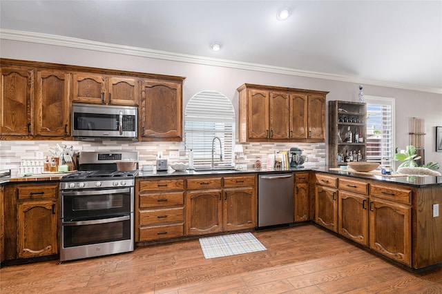 12953 Hurricane Ln, Fort Worth, TX 76244 - kitchen with appliances with stainless steel finishes, dark countertops, a peninsula, ornamental molding, and tasteful backsplash