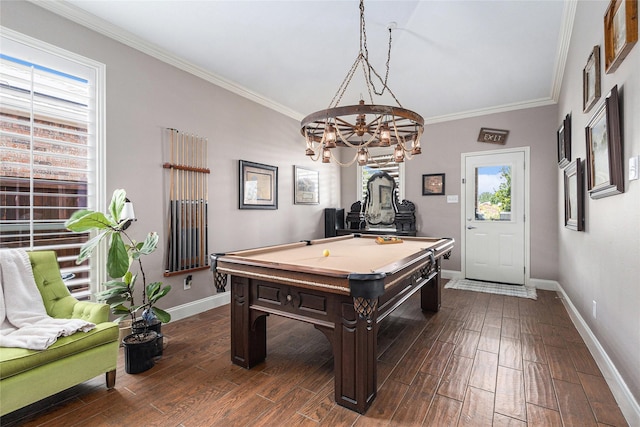 12953 Hurricane Ln, Fort Worth, TX 76244 - rec room featuring a chandelier, billiards table, crown molding, and dark wood finished floors