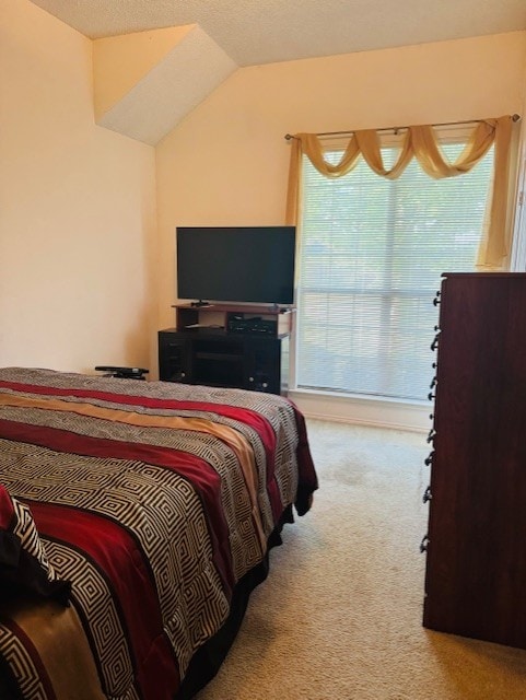 2322 Greenfield Cir, Garland, TX 75040 - bedroom with carpet floors, multiple windows, lofted ceiling, and a textured ceiling