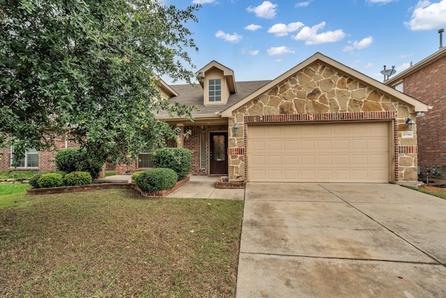 9700 Mulligan Dr, Mckinney, TX 75072 - traditional home featuring a garage, brick siding, concrete driveway, stone siding, and a front yard