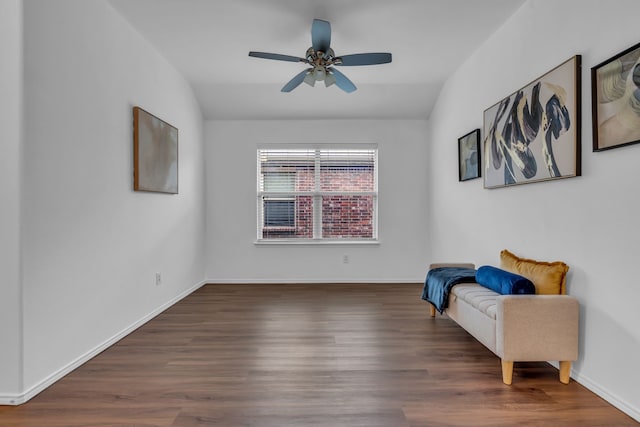 9700 Mulligan Dr, Mckinney, TX 75072 - living area featuring lofted ceiling, ceiling fan, and wood finished floors