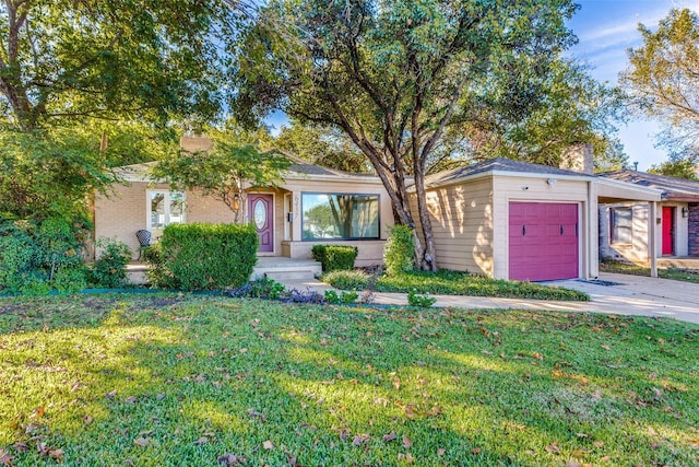 6437 Calmont Ave, Fort Worth, TX 76116 - view of front of home with an attached garage, a front lawn, driveway, brick siding, and a chimney