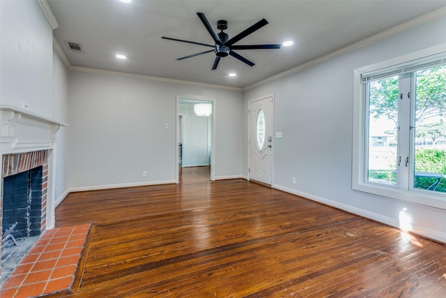 6437 Calmont Ave, Fort Worth, TX 76116 - unfurnished living room featuring wood-type flooring, a ceiling fan, ornamental molding, a brick fireplace, and recessed lighting