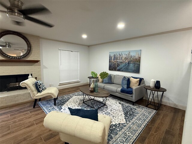 2761 Stonecreek Dr, Carrollton, TX 75006 - living area with a ceiling fan, wood finished floors, a fireplace, and recessed lighting