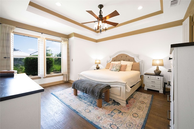 105 Lavender Pl, Mclendon Chisholm, TX 75032 - bedroom featuring a tray ceiling, crown molding, dark wood finished floors, recessed lighting, and a ceiling fan
