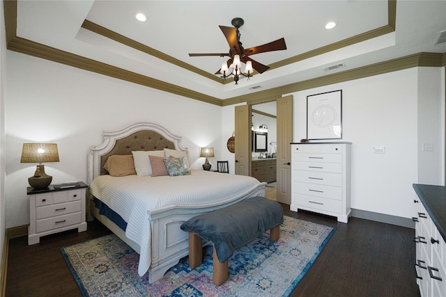 105 Lavender Pl, Mclendon Chisholm, TX 75032 - bedroom with a raised ceiling, ornamental molding, recessed lighting, dark wood-style flooring, and ensuite bathroom