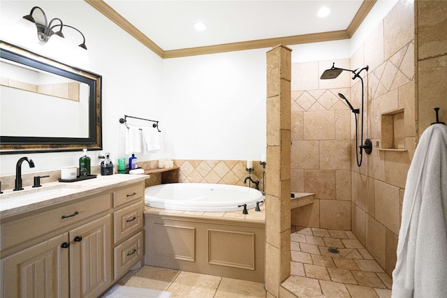 105 Lavender Pl, Mclendon Chisholm, TX 75032 - bathroom featuring ornamental molding, a bath, vanity, a walk in shower, and recessed lighting