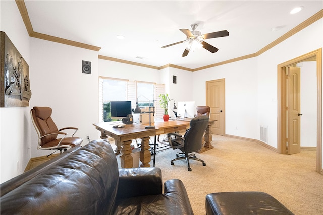 105 Lavender Pl, Mclendon Chisholm, TX 75032 - office featuring light colored carpet, ceiling fan, recessed lighting, and ornamental molding