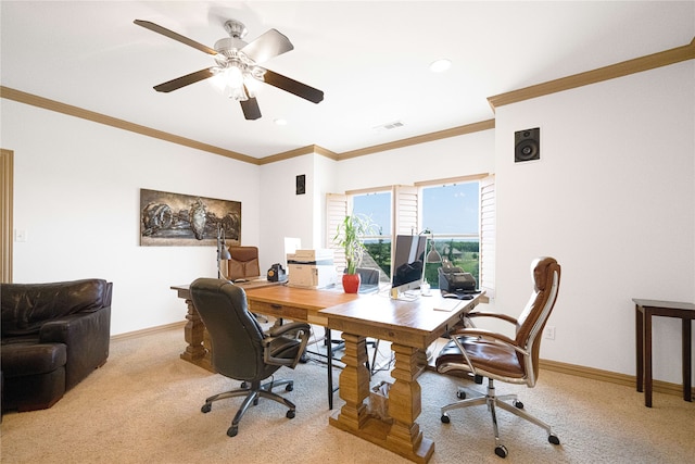 105 Lavender Pl, Mclendon Chisholm, TX 75032 - office area featuring light carpet, ceiling fan, crown molding, and recessed lighting