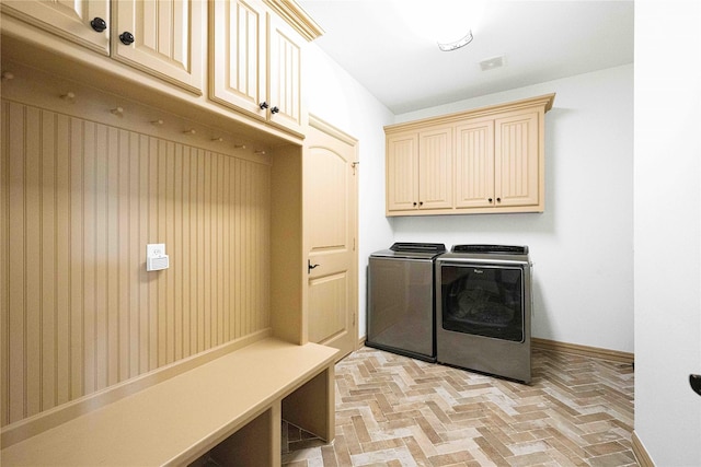 105 Lavender Pl, Mclendon Chisholm, TX 75032 - laundry room with independent washer and dryer, cabinet space, and brick flooring