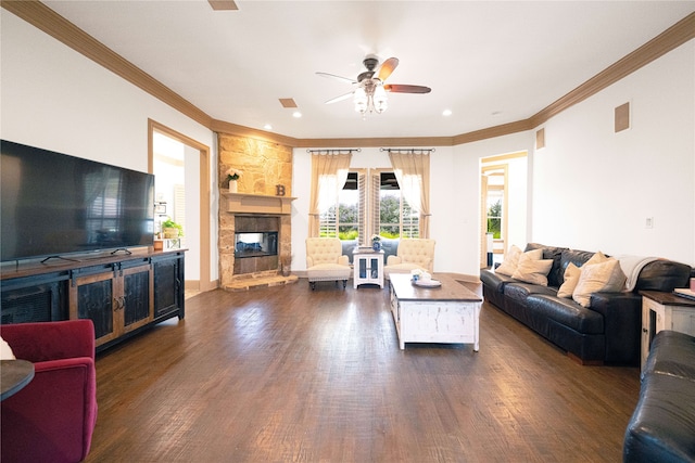 105 Lavender Pl, Mclendon Chisholm, TX 75032 - living room with a stone fireplace, ceiling fan, dark wood finished floors, ornamental molding, and recessed lighting