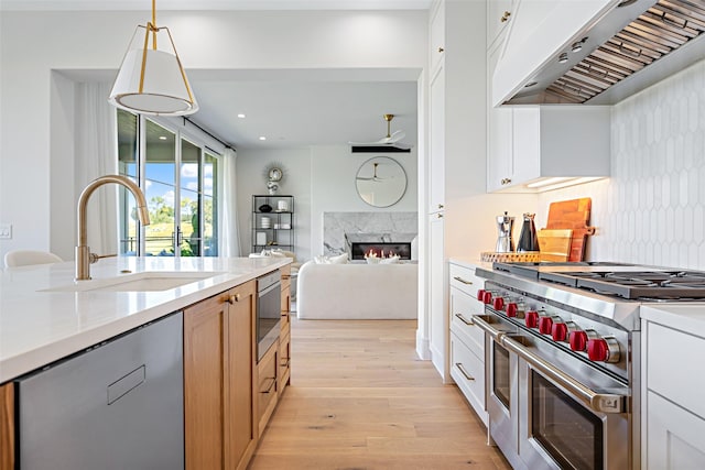 350 N O Connor Ridge Blvd Unit 14, Irving, TX 75038 - kitchen with appliances with stainless steel finishes, custom exhaust hood, light wood-style flooring, light countertops, and a premium fireplace