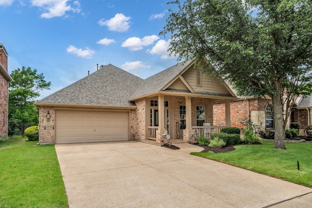 1651 Meadows Ave, Lantana, TX 76226 - view of front of house with brick siding, a porch, an attached garage, concrete driveway, and a front yard