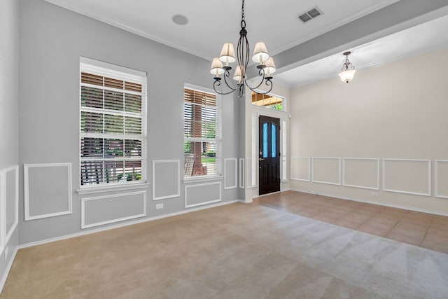 1651 Meadows Ave, Lantana, TX 76226 - unfurnished room with a decorative wall, carpet floors, a chandelier, crown molding, and a wainscoted wall