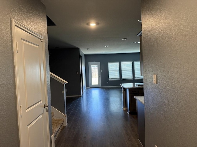 312 Wagon Wheel Dr, Josephine, TX 75189 - hall with a textured wall, dark wood finished floors, stairs, and recessed lighting