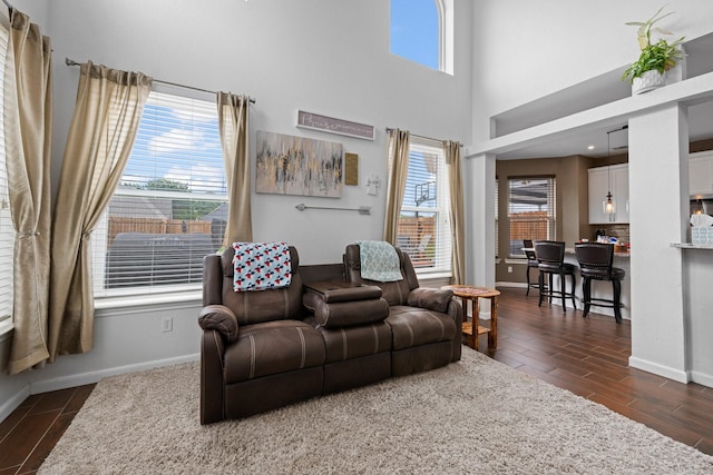 8534 Pebblebrook Dr, Frisco, TX 75034 - living room with dark wood-style flooring and a towering ceiling