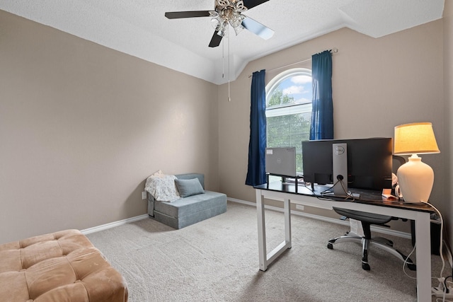 8534 Pebblebrook Dr, Frisco, TX 75034 - office area with ceiling fan, carpet flooring, a textured ceiling, and lofted ceiling