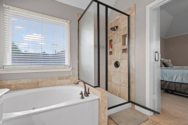 8534 Pebblebrook Dr, Frisco, TX 75034 - bathroom with ensuite bath, a tub with jets, a stall shower, and ornamental molding