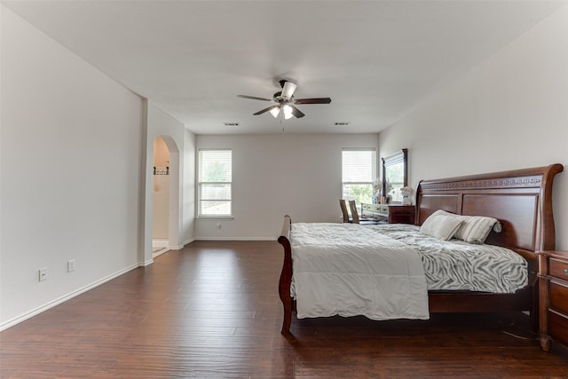 511 Poplar Vista Ln, Arlington, TX 76002 - bedroom featuring multiple windows, dark wood-style floors, arched walkways, and a ceiling fan