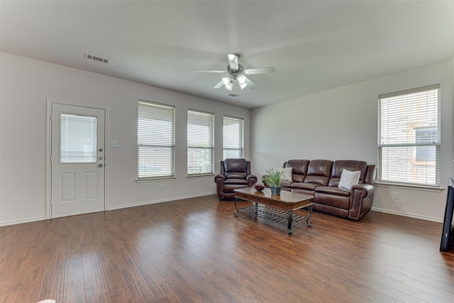 511 Poplar Vista Ln, Arlington, TX 76002 - living room with ceiling fan, dark wood-style flooring, and healthy amount of natural light