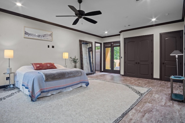 101 Goldfinch Ln, Weatherford, TX 76088 - bedroom with access to exterior, ornamental molding, recessed lighting, and ceiling fan