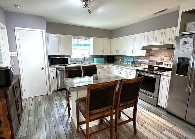 1325 W Chestnut St, Denison, TX 75020 - kitchen featuring appliances with stainless steel finishes, under cabinet range hood, white cabinetry, and decorative backsplash