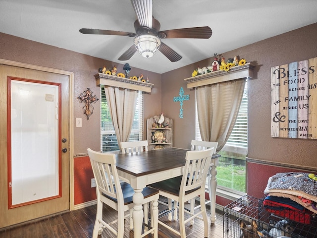 2012 Mobile Dr, Ennis, TX 75119 - dining area with a textured wall, healthy amount of natural light, wood finished floors, and ceiling fan