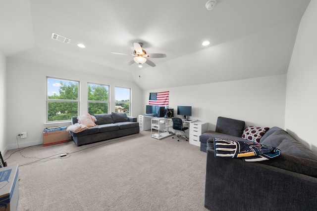 406 Garden Tree Trl, Midlothian, TX 76065 - living room with carpet, vaulted ceiling, ceiling fan, and recessed lighting