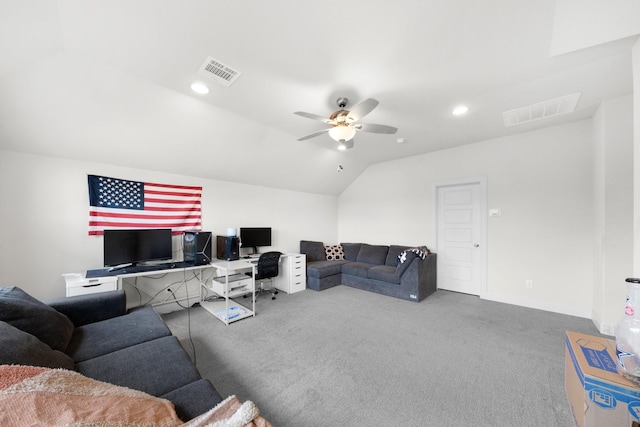 406 Garden Tree Trl, Midlothian, TX 76065 - living area featuring carpet floors, ceiling fan, vaulted ceiling, recessed lighting, and an office area