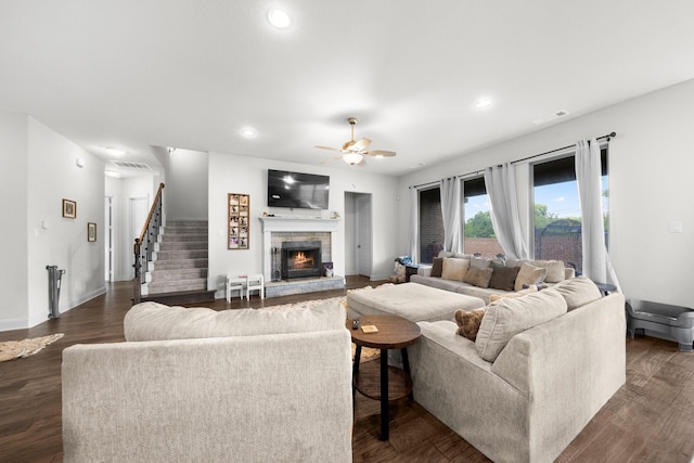 406 Garden Tree Trl, Midlothian, TX 76065 - living area with a fireplace, ceiling fan, recessed lighting, and dark wood-style floors