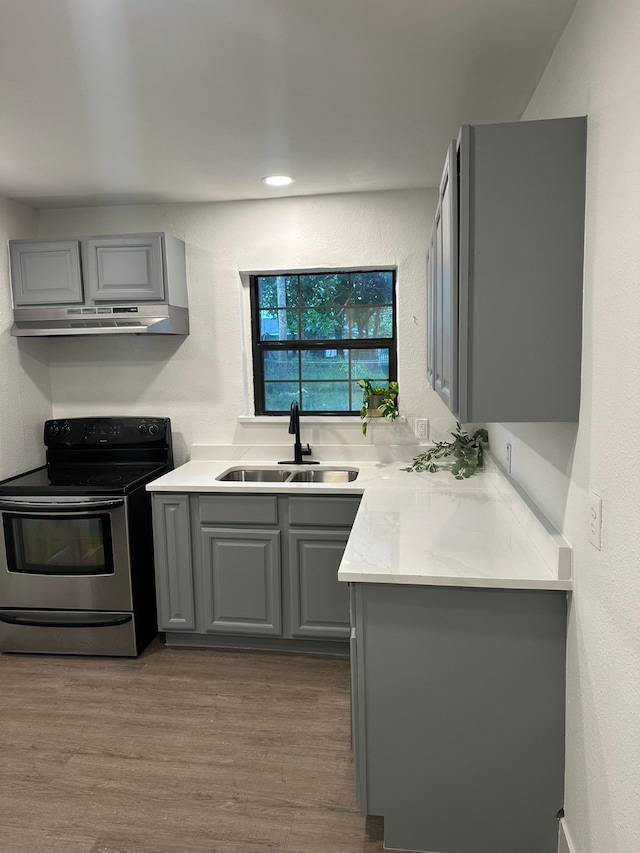 616 Leyenda Dr, Mesquite, TX 75149 - kitchen featuring stainless steel electric stove, gray cabinets, under cabinet range hood, and wood finished floors