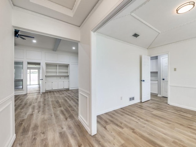 810 Serenade Ln, Richardson, TX 75081 - empty room with light wood-style flooring, ornamental molding, ceiling fan, recessed lighting, and beam ceiling