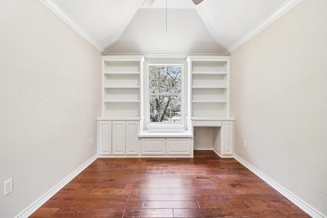 8502 Linden Ct, Granbury, TX 76049 - unfurnished room featuring dark wood-type flooring, vaulted ceiling, ceiling fan, a desk, and ornamental molding