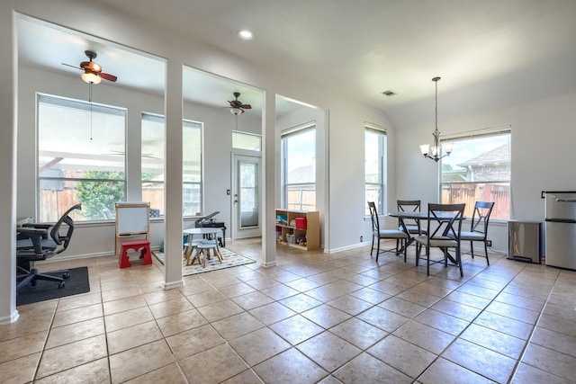 2860 Prado, Grand Prairie, TX 75054 - tiled dining room with recessed lighting, a chandelier, a ceiling fan, and an office area