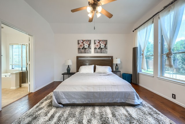 2860 Prado, Grand Prairie, TX 75054 - bedroom with vaulted ceiling, multiple windows, wood finished floors, ensuite bathroom, and ceiling fan