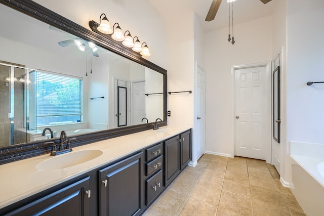 2860 Prado, Grand Prairie, TX 75054 - full bath with a ceiling fan, a garden tub, double vanity, a shower stall, and tile patterned floors