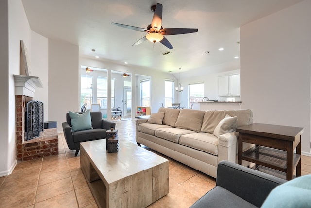 2860 Prado, Grand Prairie, TX 75054 - living room featuring a ceiling fan, light tile patterned floors, a fireplace, and recessed lighting