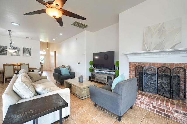 2860 Prado, Grand Prairie, TX 75054 - living area with light tile patterned flooring, ceiling fan, recessed lighting, and a fireplace