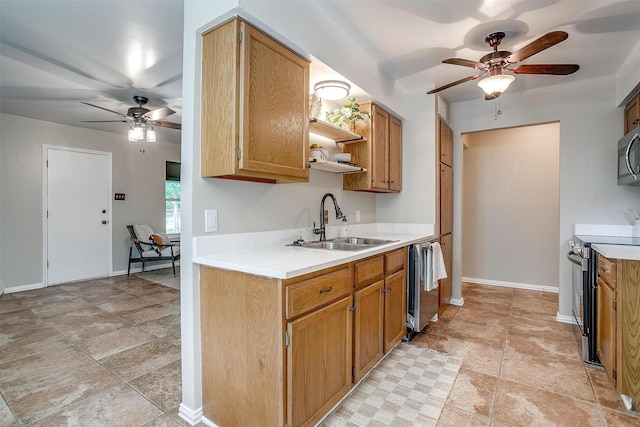 221 Sierra Dr, Joshua, TX 76058 - kitchen with stainless steel appliances, ceiling fan, light countertops, and open shelves