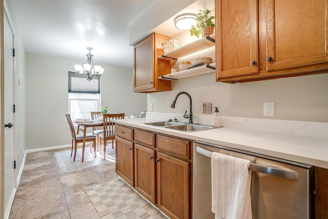 221 Sierra Dr, Joshua, TX 76058 - kitchen featuring stainless steel dishwasher, open shelves, light countertops, a chandelier, and brown cabinets