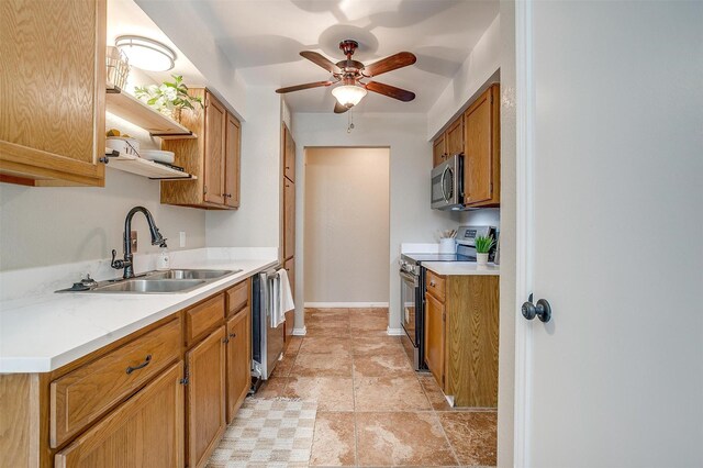 221 Sierra Dr, Joshua, TX 76058 - kitchen with stainless steel appliances, open shelves, light countertops, a ceiling fan, and brown cabinetry