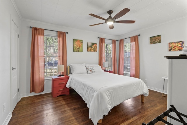 717 Thersa Dr, River Oaks, TX 76114 - bedroom with ornamental molding, dark wood-style flooring, and a ceiling fan