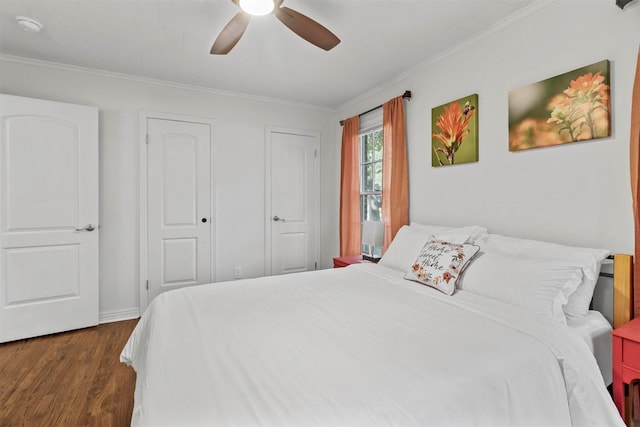 717 Thersa Dr, River Oaks, TX 76114 - bedroom with dark wood-type flooring, crown molding, and ceiling fan