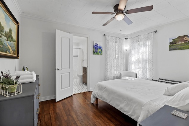717 Thersa Dr, River Oaks, TX 76114 - bedroom featuring crown molding, dark wood-style flooring, ensuite bath, and a ceiling fan