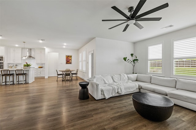 1430 Shaker Hills Rd, Gunter, TX 75058 - living room featuring ceiling fan, dark wood finished floors, and recessed lighting
