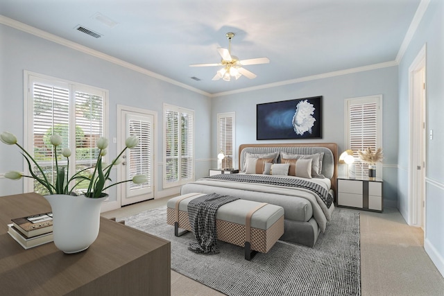 5913 Kensington Dr, Plano, TX 75093 - bedroom featuring light colored carpet, ornamental molding, access to exterior, and ceiling fan