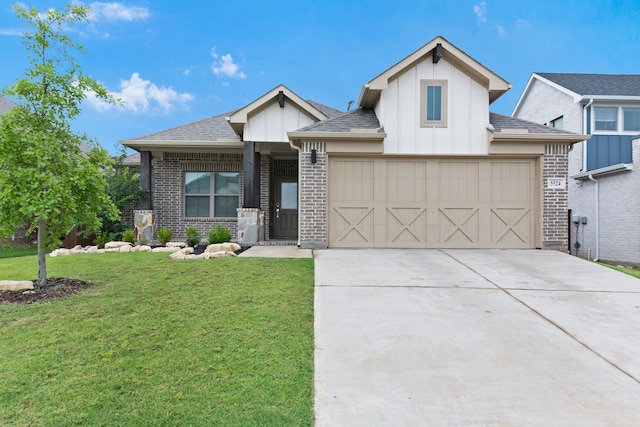 5524 Santa Elena Ct, Fort Worth, TX 76126 - view of front facade featuring board and batten siding, a front yard, concrete driveway, an attached garage, and brick siding