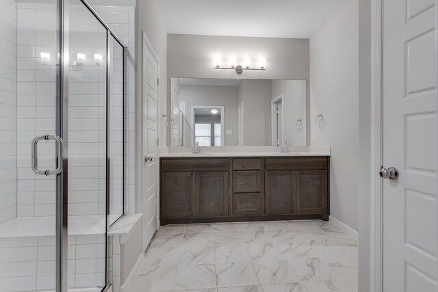 5524 Santa Elena Ct, Fort Worth, TX 76126 - bathroom with double vanity, a stall shower, and marble finish flooring