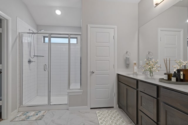 5524 Santa Elena Ct, Fort Worth, TX 76126 - full bathroom featuring a shower stall, double vanity, marble finish flooring, and recessed lighting